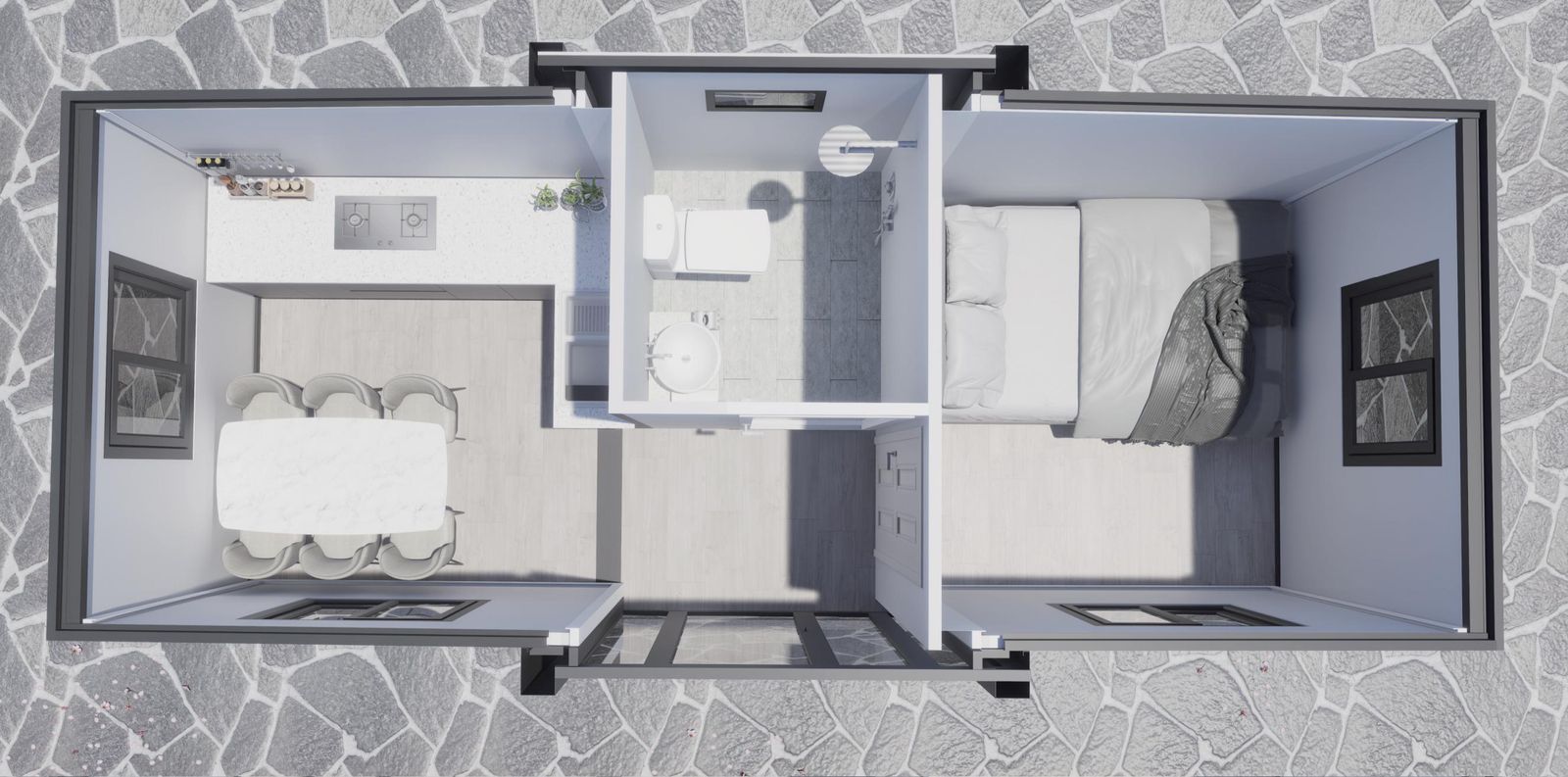 Floor plan render of double-wing expandable box house
