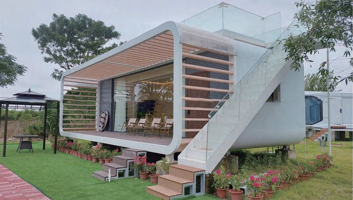 Apple cabin with white shell, glass wall and rooftop deck