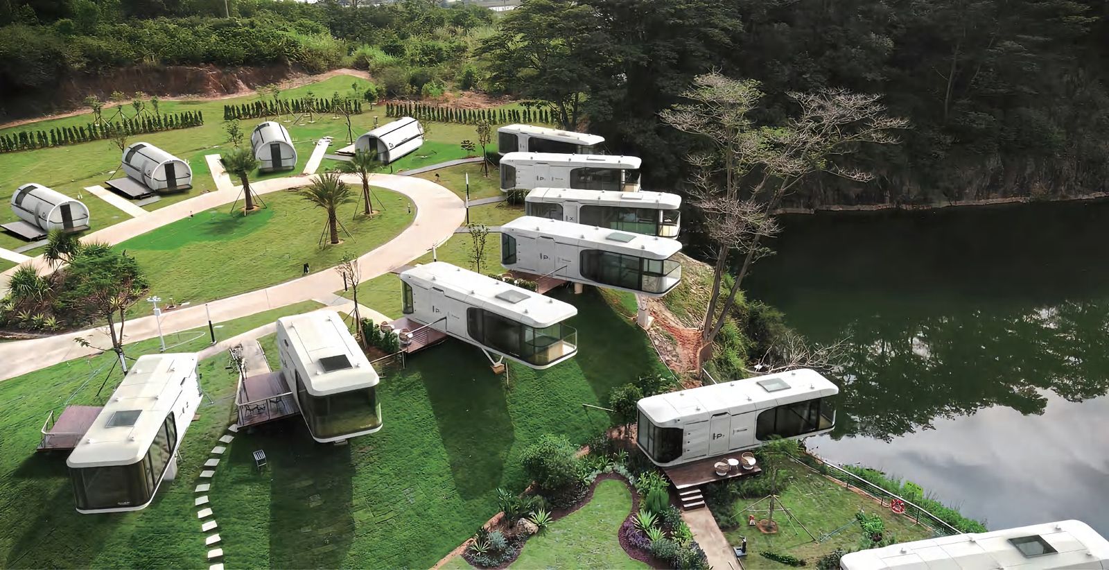 Waterfront modular units along lake shoreline