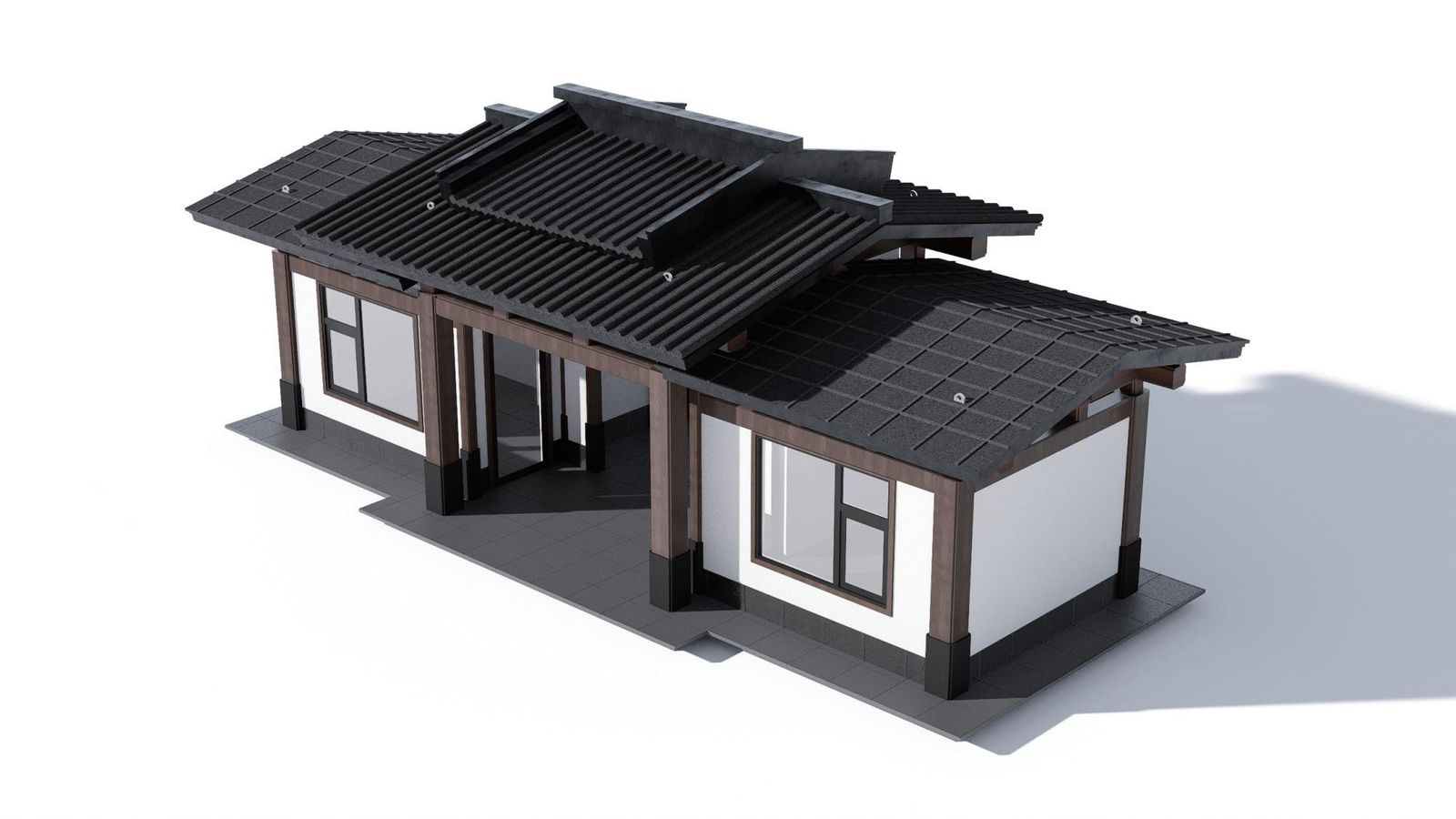 Courtyard villa 3D design with tiered roof